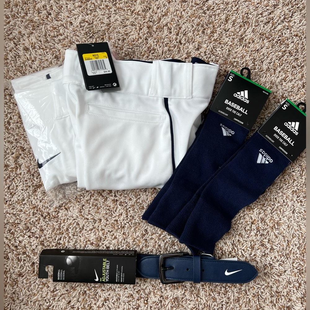 NWT Nike and Adidas Baseball Lot - youth boy pants socks belt size small S